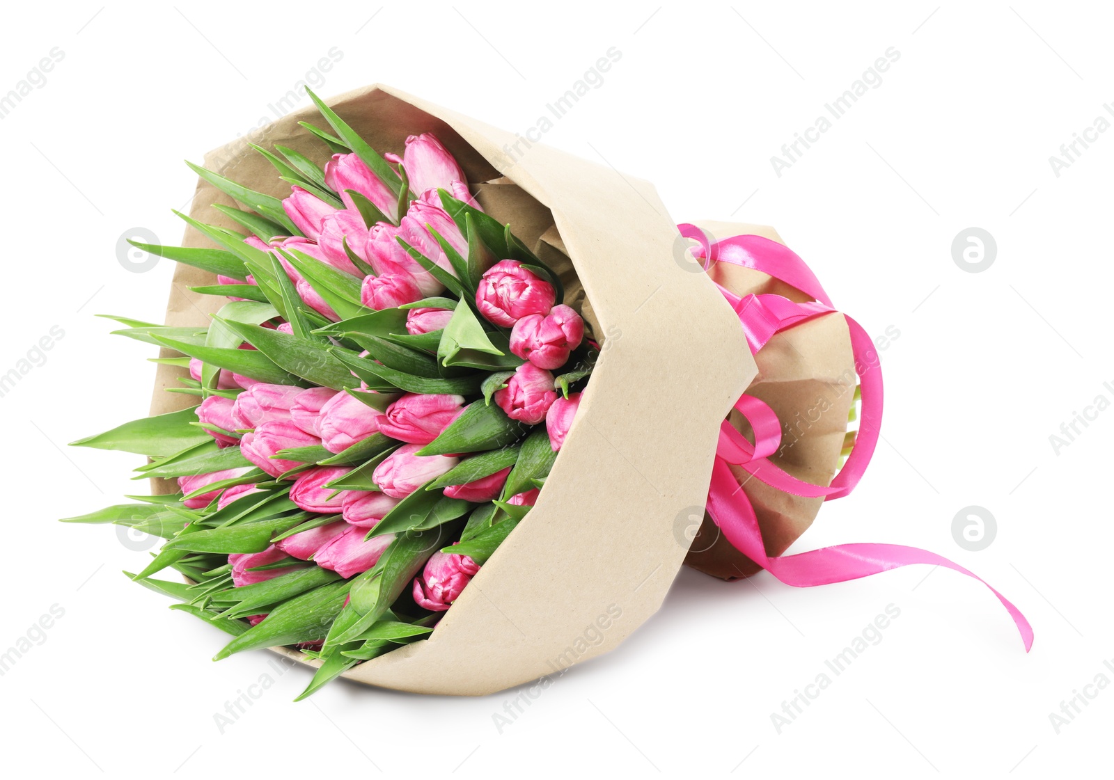 Photo of Bouquet of beautiful pink tulips isolated on white