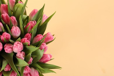 Bouquet of beautiful tulips on beige background, above view. Space for text