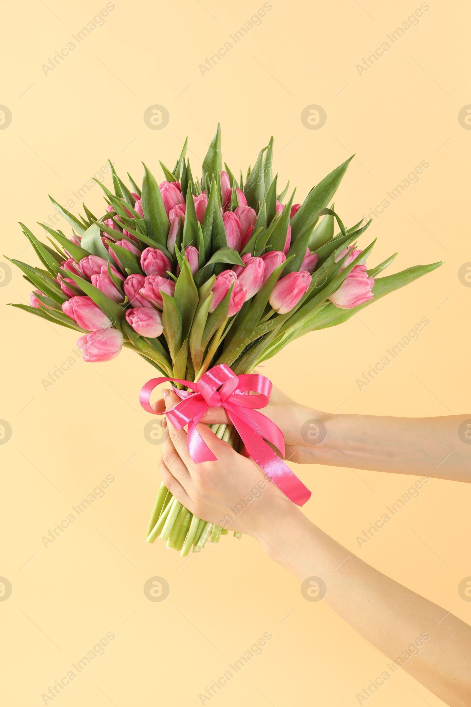 Photo of Woman with bouquet of beautiful tulips on beige background, closeup