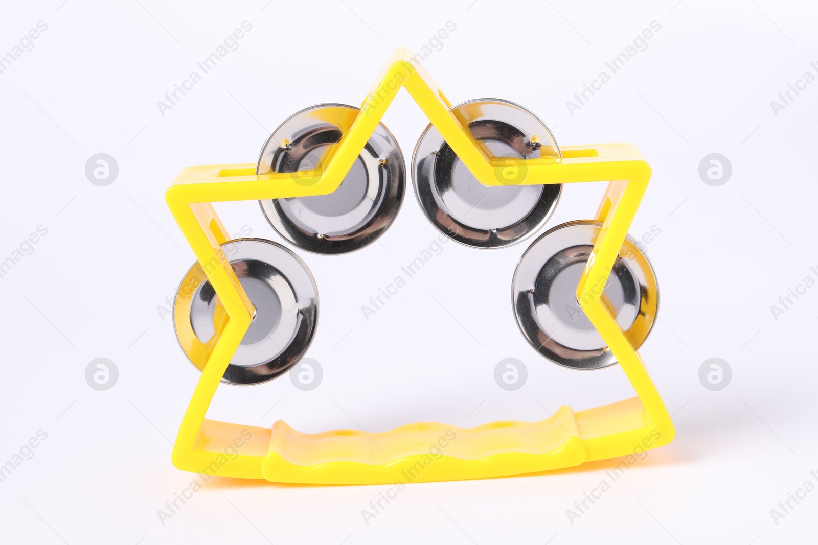 Photo of Yellow toy tambourine isolated on white. Child's musical instrument