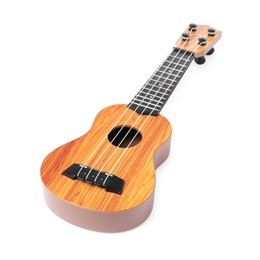 Photo of Wooden toy guitar isolated on white. Child's musical instrument