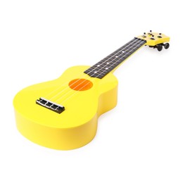 Photo of Yellow toy guitar isolated on white. Child's musical instrument