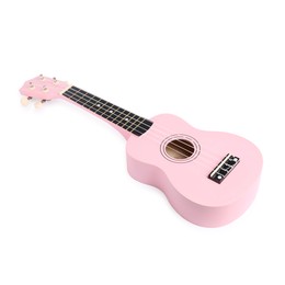 Photo of Pink toy guitar isolated on white. Child's musical instrument