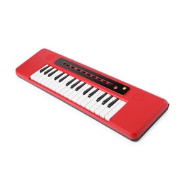 Red toy electric piano isolated on white