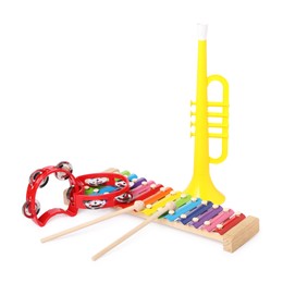 Colorful toy musical instruments isolated on white