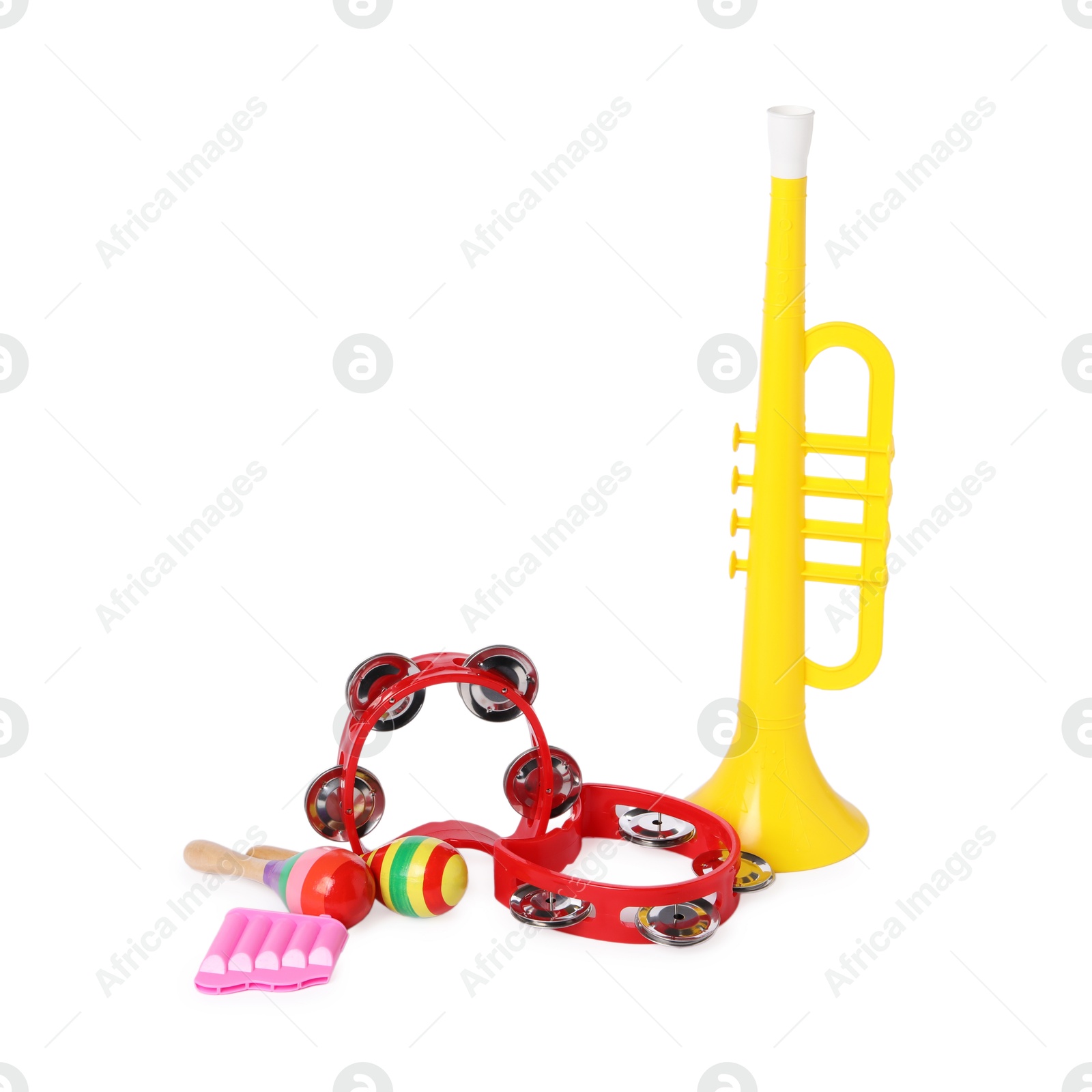 Photo of Colorful toy musical instruments isolated on white