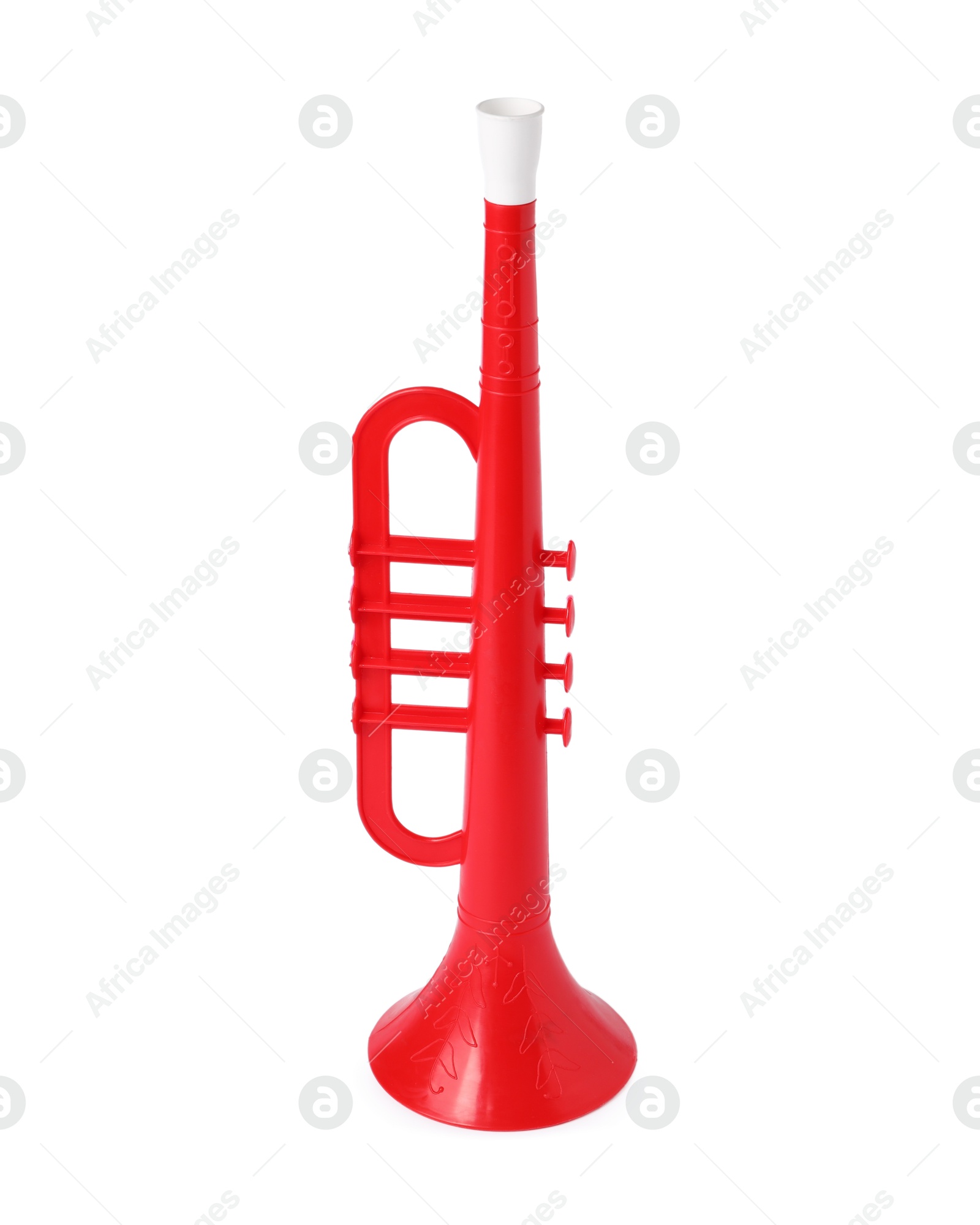 Photo of Red toy horn isolated on white. Child's musical instrument