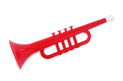 Photo of Red toy horn isolated on white, top view. Child's musical instrument