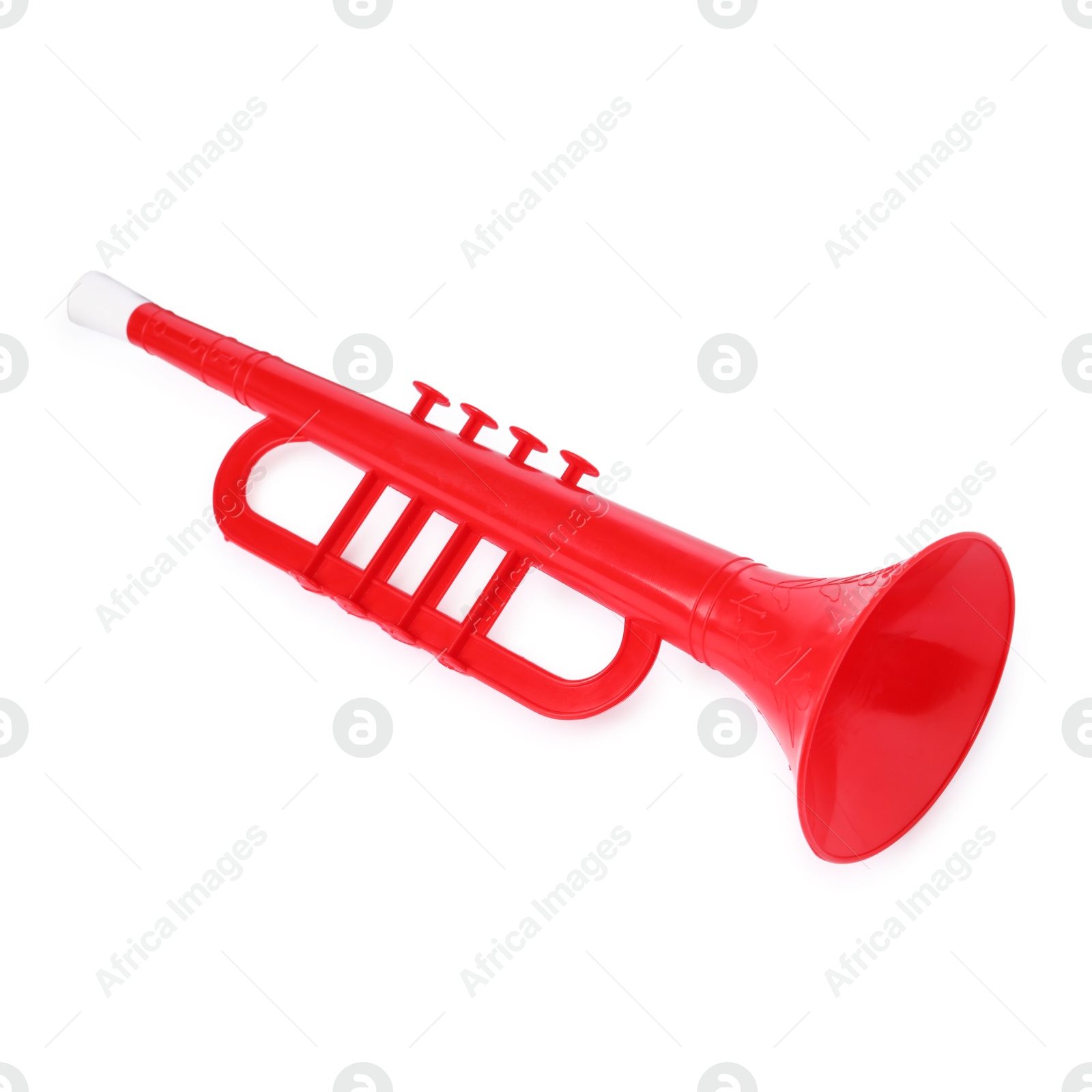 Photo of Red toy horn isolated on white. Child's musical instrument