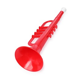 Photo of Red toy horn isolated on white. Child's musical instrument