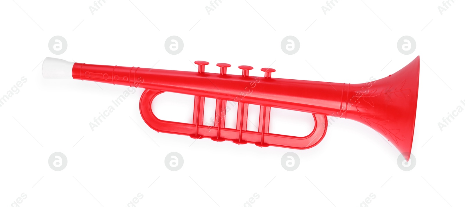 Photo of Red toy horn isolated on white, top view. Child's musical instrument