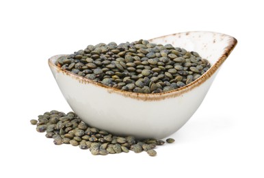 Photo of Raw lentils in bowl isolated on white