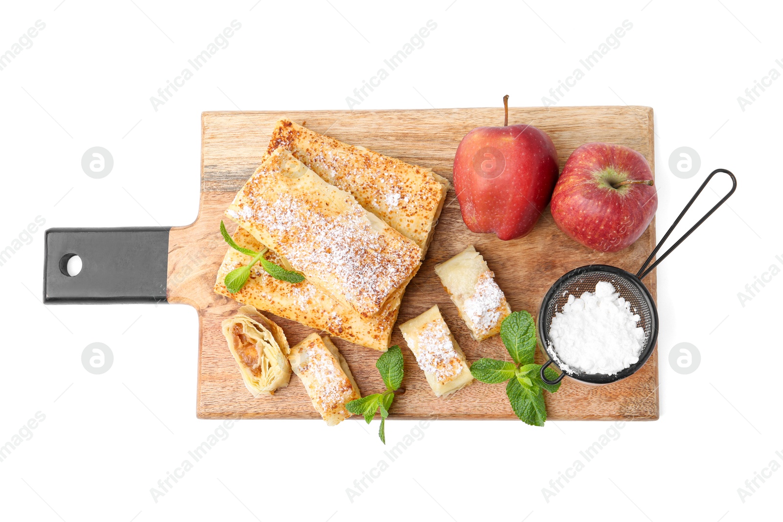 Photo of Tasty apple strudels with powdered sugar, fruits and mint isolated on white, top view