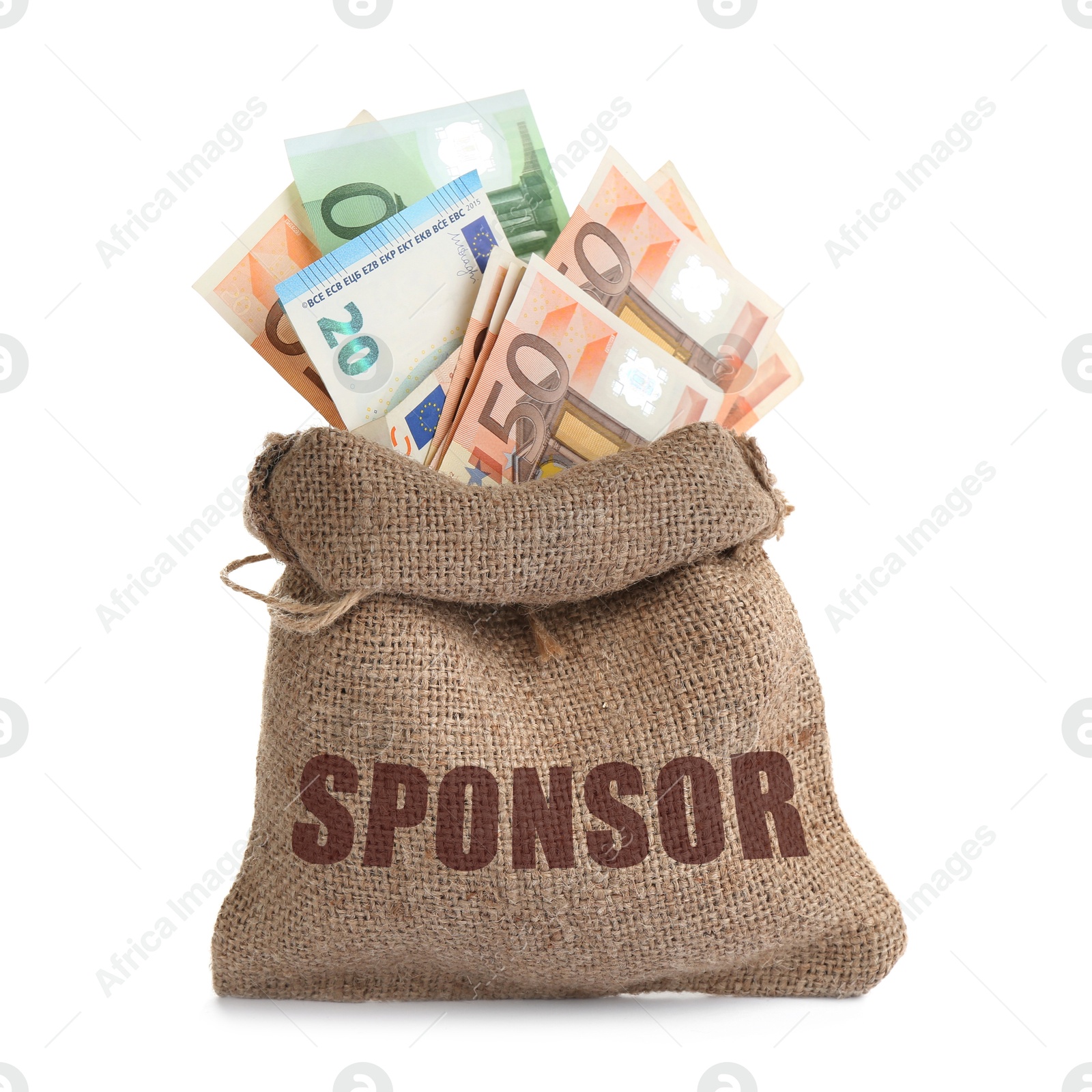 Image of Euro banknotes in sack with word Sponsor isolated on white