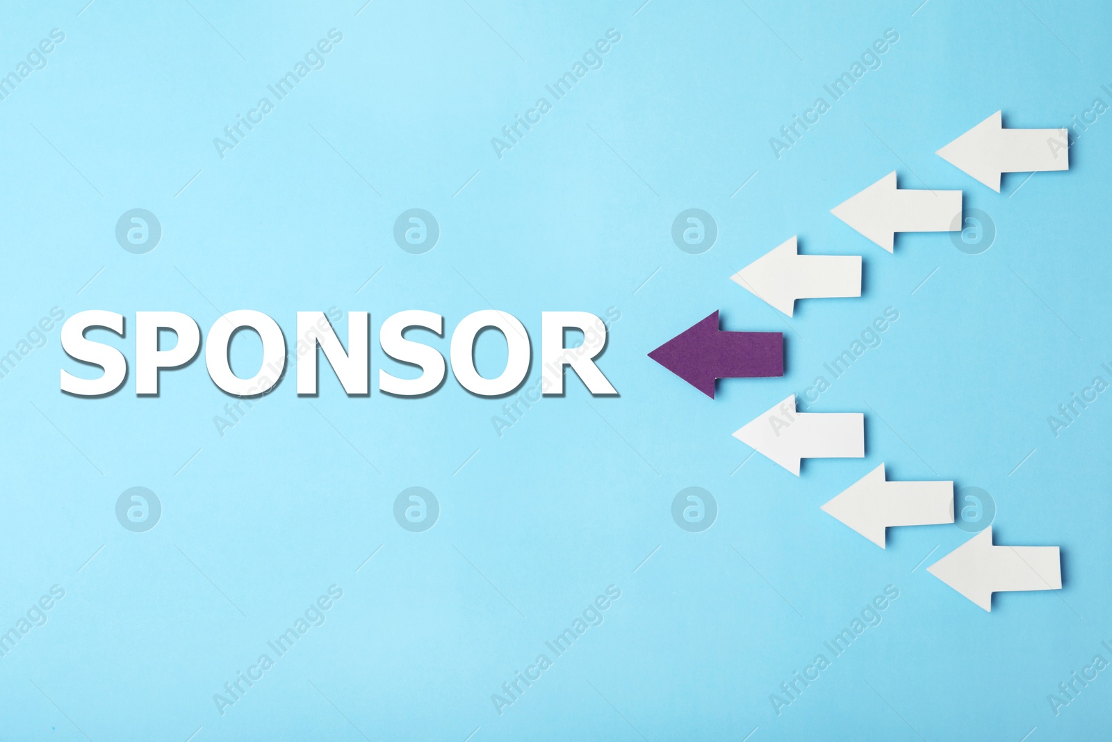 Image of Purple arrow among white ones pointing at word Sponsor on light blue background, top view