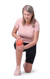 Image of Senior woman suffering from pain in knee on white background