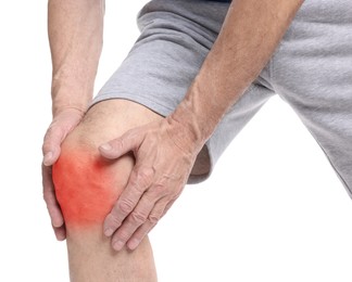 Image of Senior man suffering from pain in knee on white background, closeup