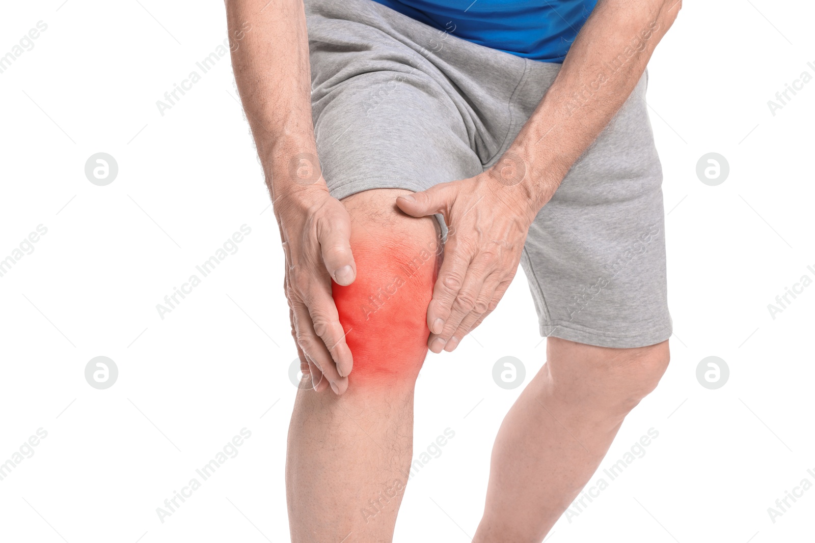 Image of Senior man suffering from pain in knee on white background, closeup