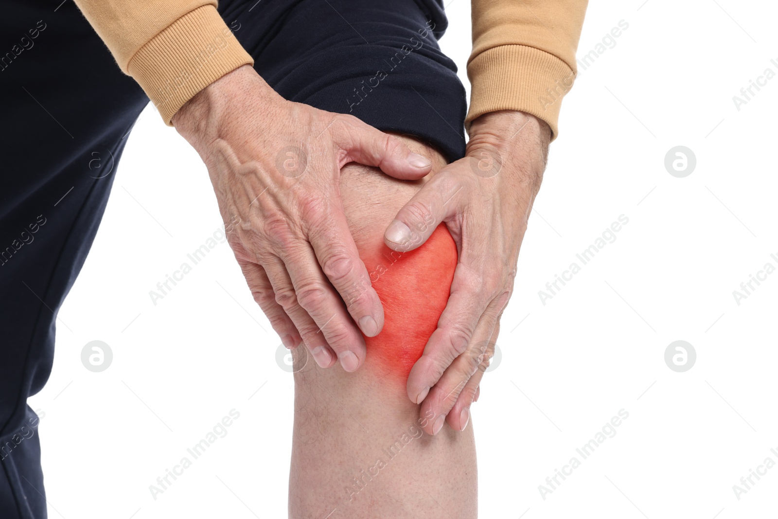 Image of Senior man suffering from pain in knee on white background, closeup