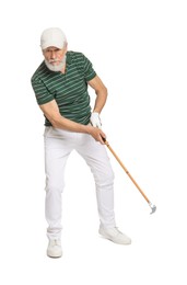 Photo of Senior man with golf club on white background