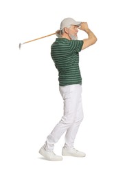 Photo of Senior man with golf club on white background