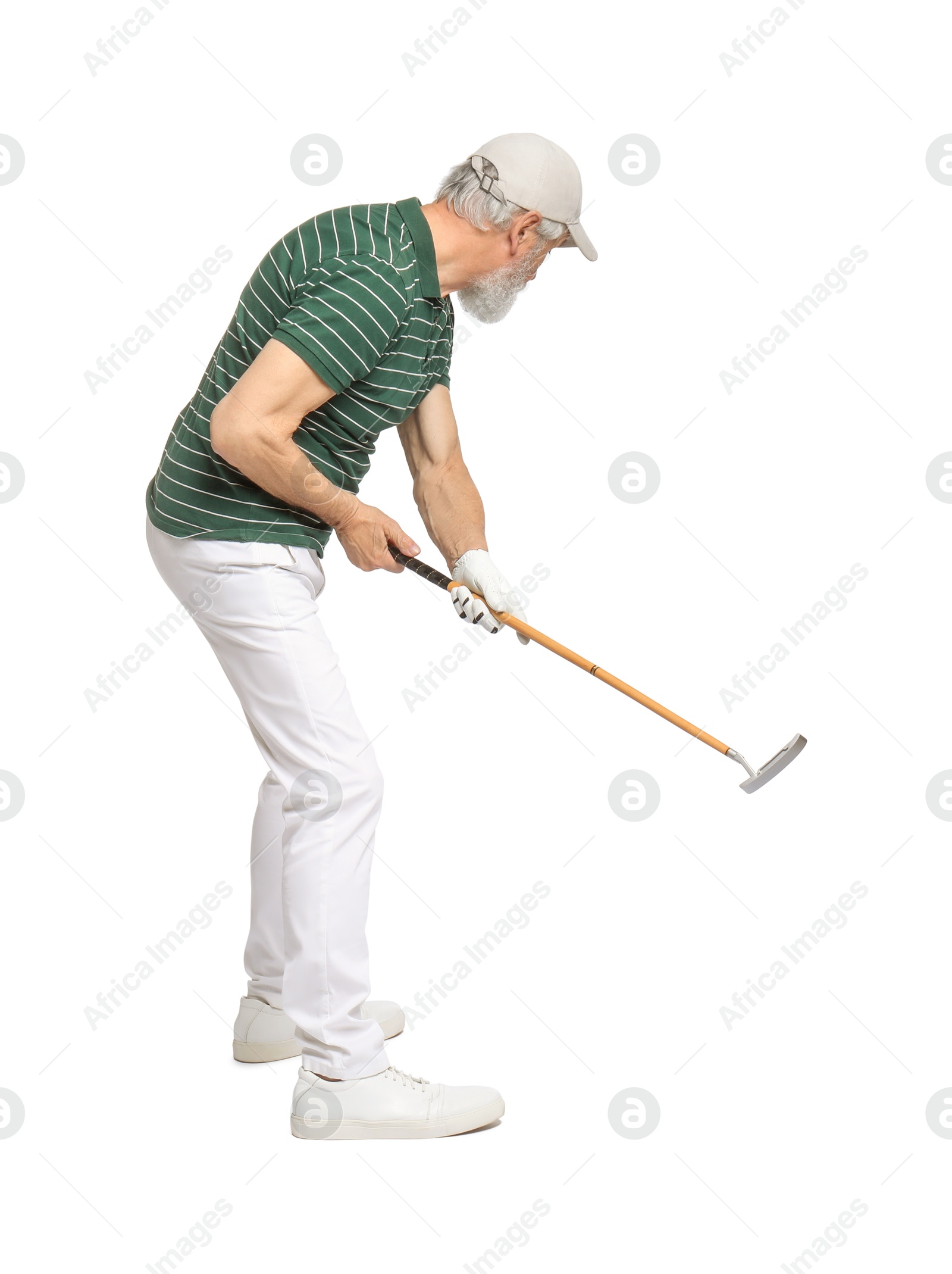 Photo of Senior man with golf club on white background