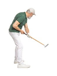 Senior man with golf club on white background