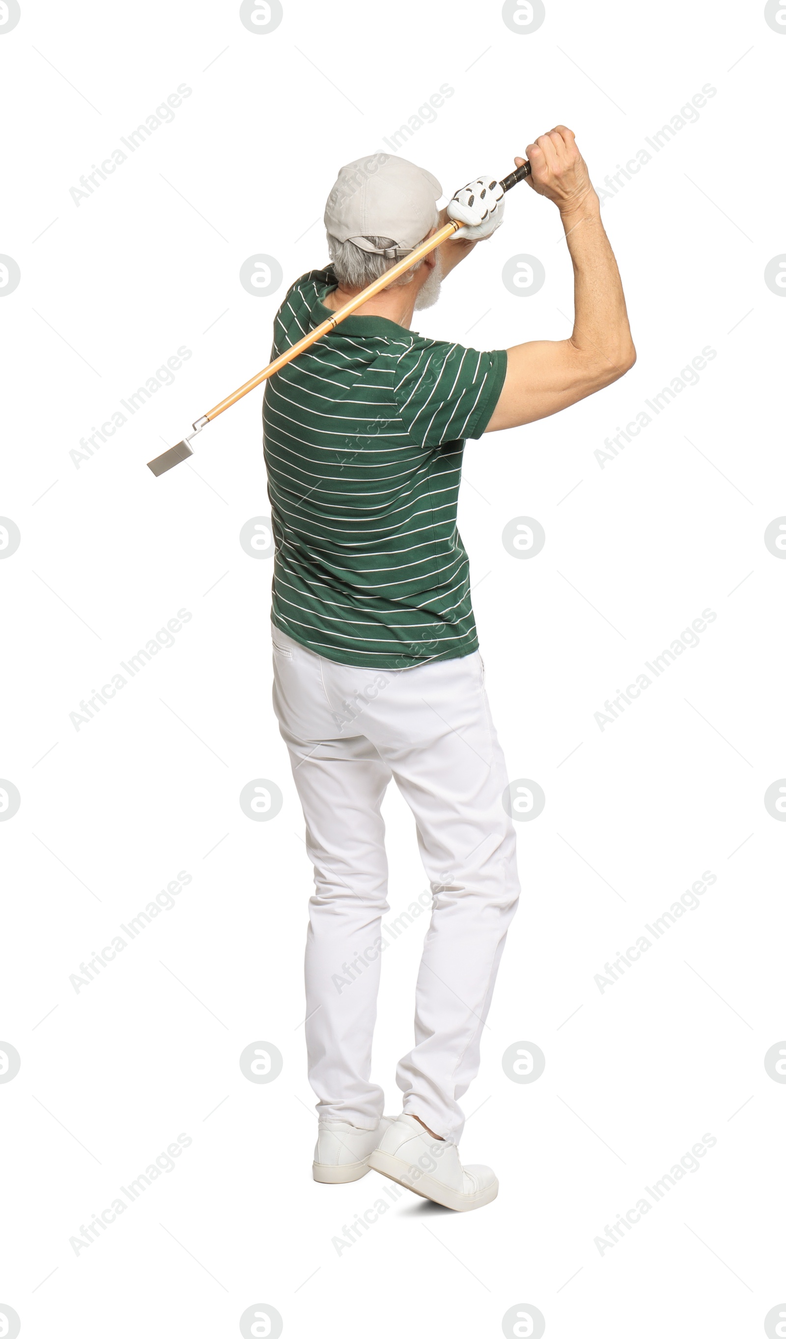 Photo of Senior man with golf club on white background, back view