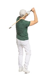 Photo of Senior man with golf club on white background, back view