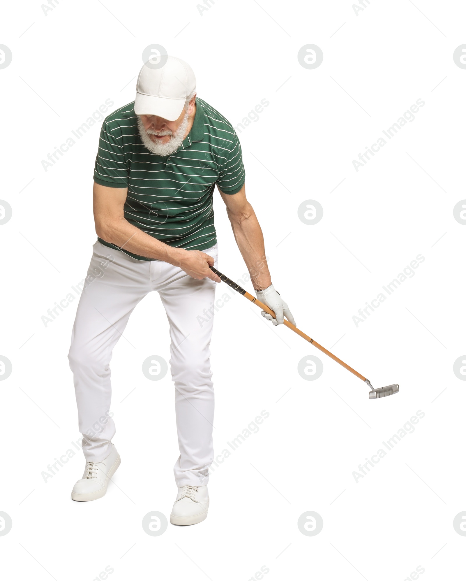 Photo of Senior man with golf club on white background