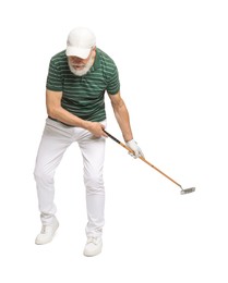 Senior man with golf club on white background