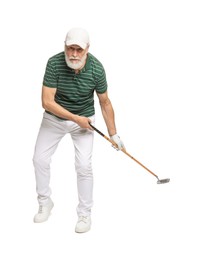 Senior man with golf club on white background