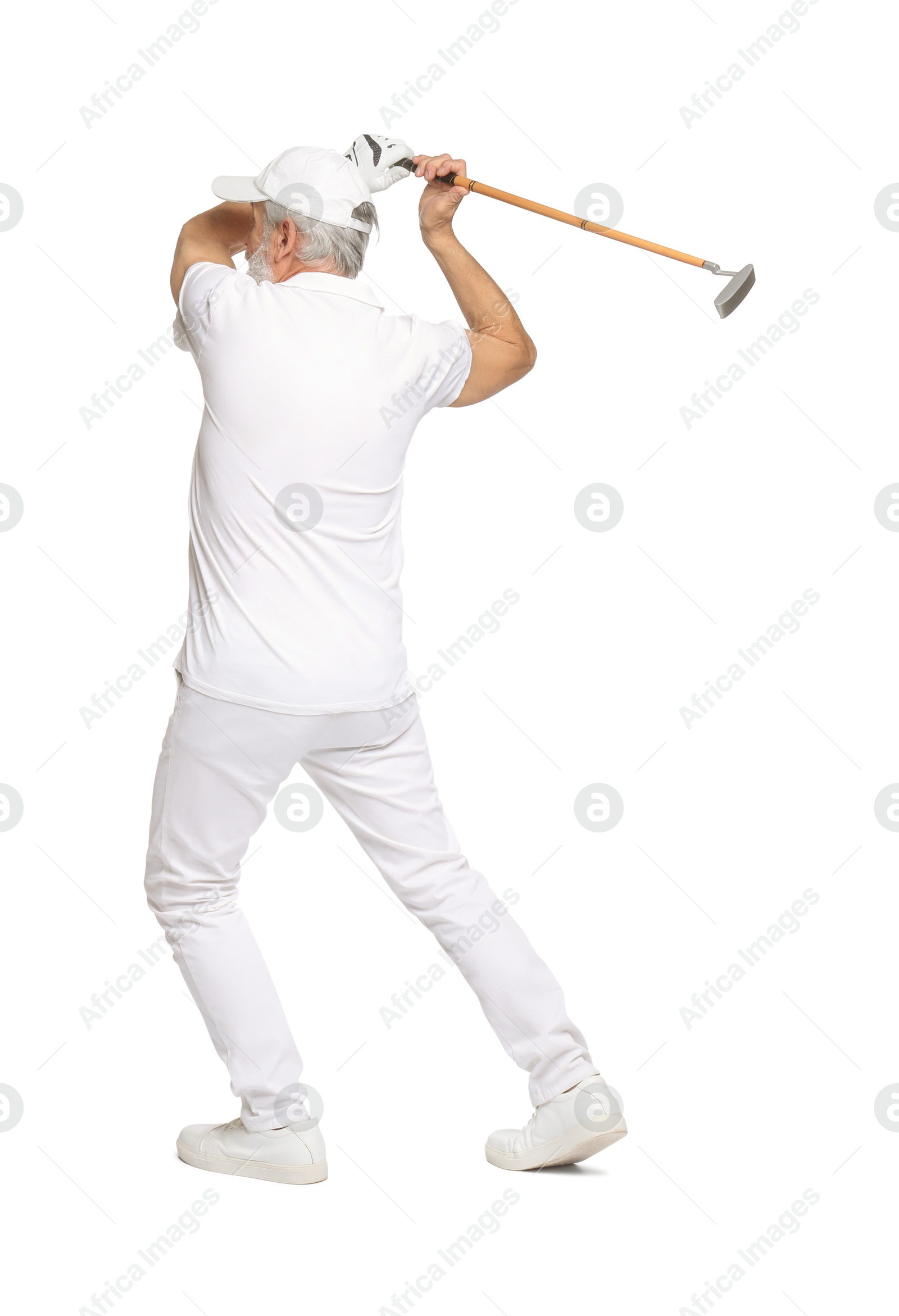 Photo of Senior man with golf club on white background, back view