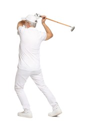 Senior man with golf club on white background, back view