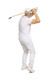 Photo of Senior man with golf club on white background, back view