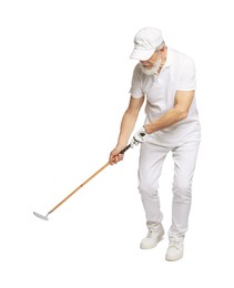 Senior man with golf club on white background