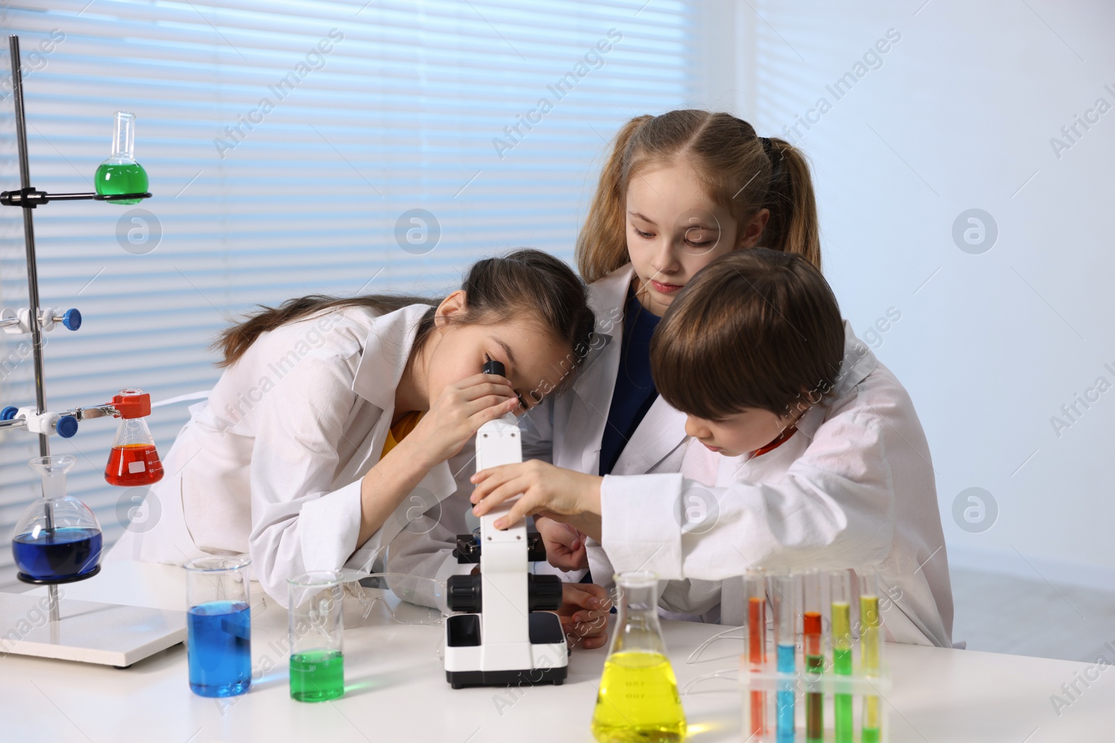 Photo of Children doing chemical experiment at desk indoors