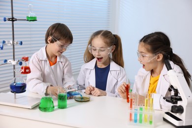 Children doing chemical experiment at desk indoors