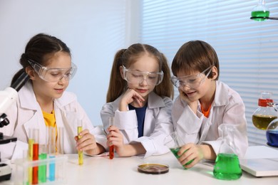 Photo of Children doing chemical experiment at desk indoors