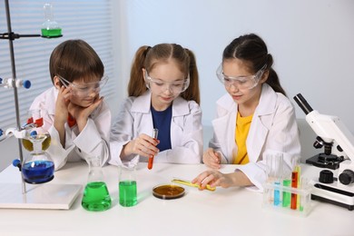 Children doing chemical experiment at desk indoors