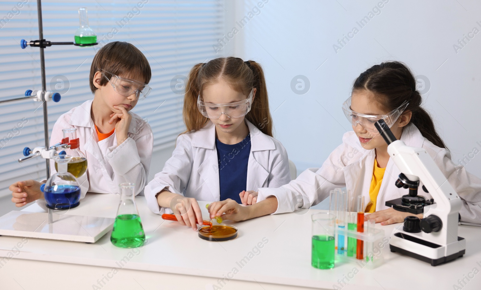 Photo of Children doing chemical experiment at desk indoors