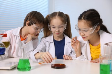 Photo of Children doing chemical experiment at desk indoors