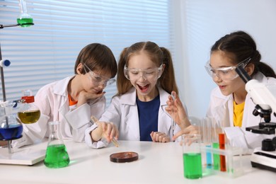 Photo of Children doing chemical experiment at desk indoors