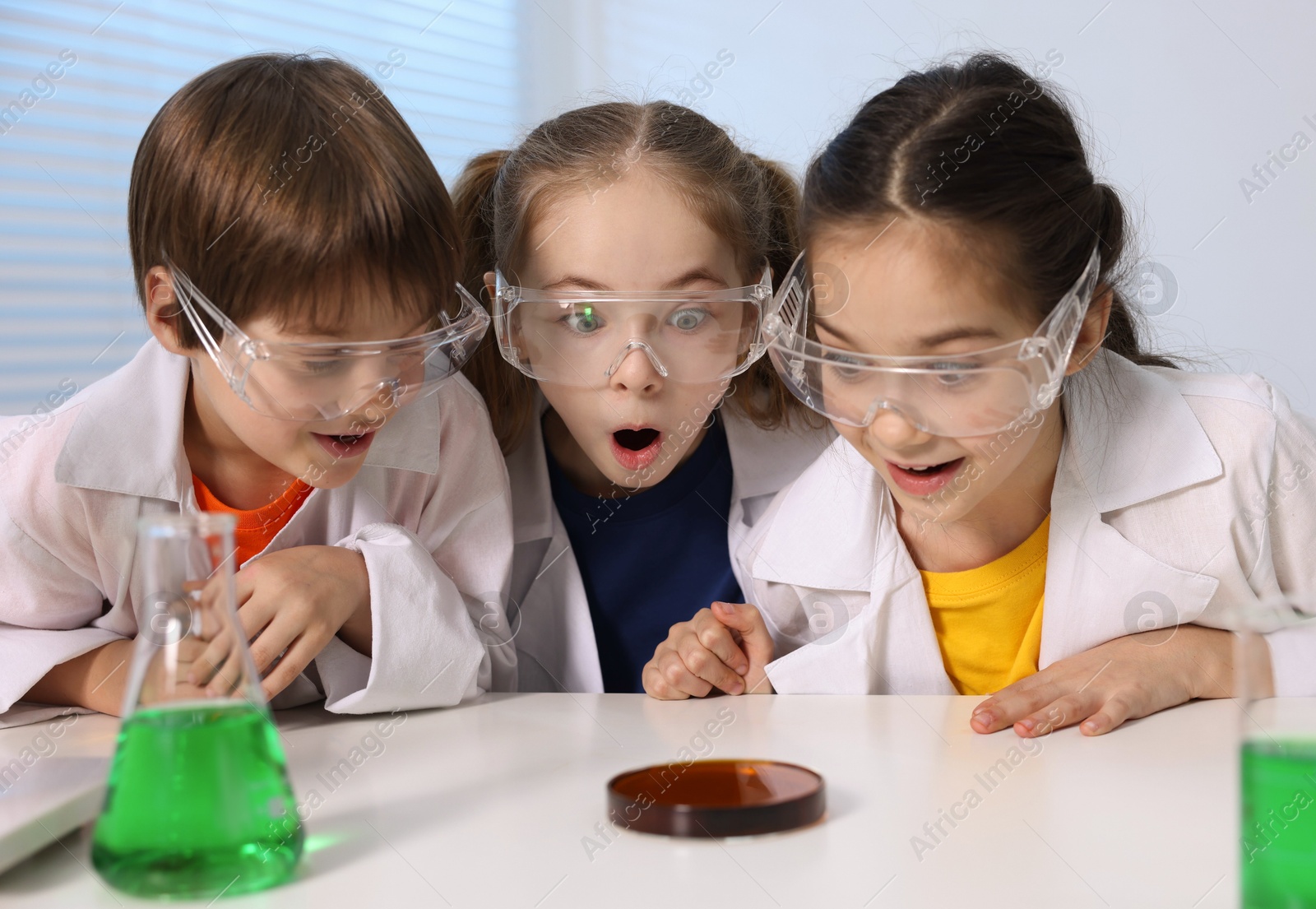 Photo of Children doing chemical experiment at desk indoors