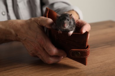 Photo of Senior man holding wallet with rat at wooden table, closeup. Financial problems