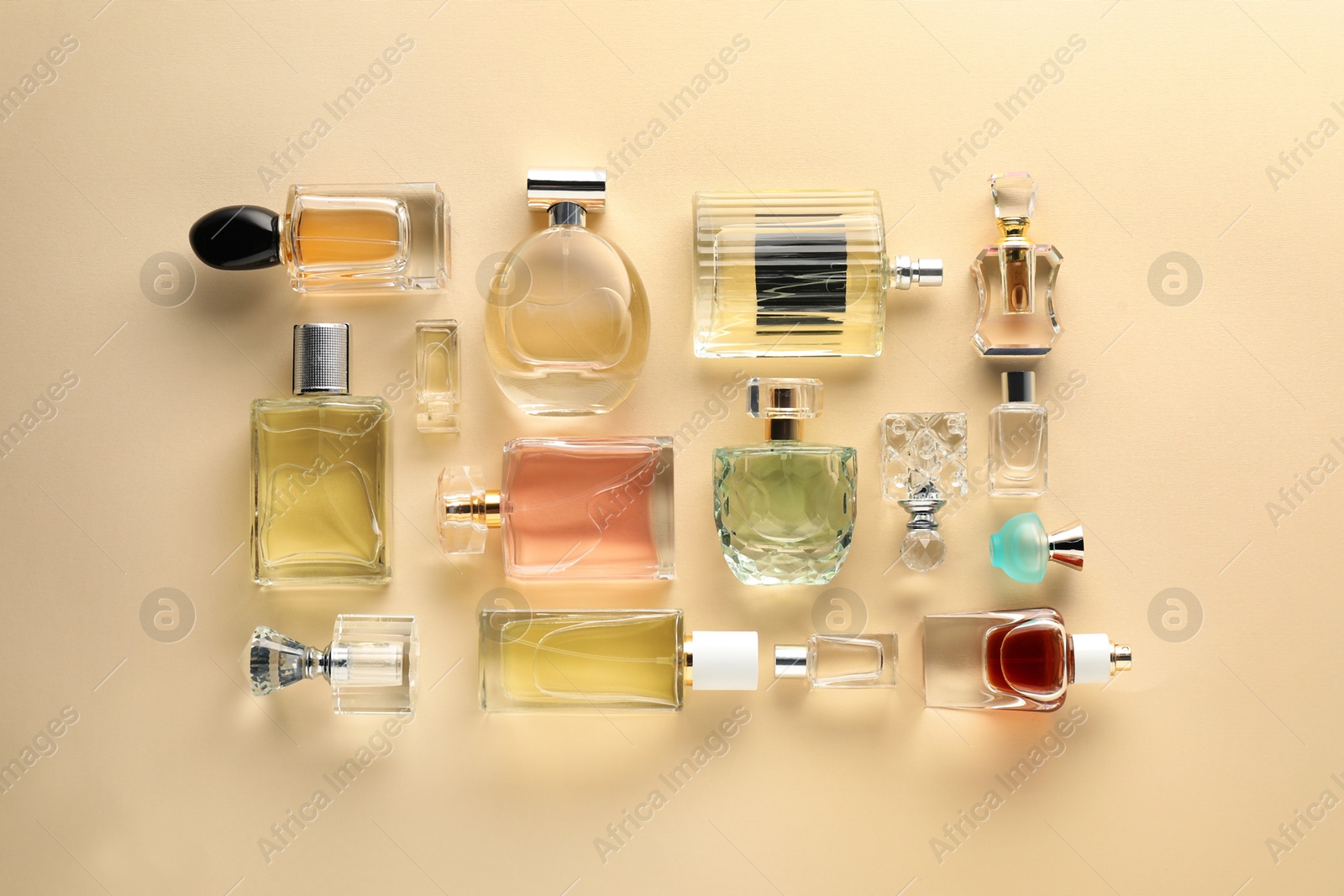 Bottles of various perfumes on beige background, flat lay Photo of Bottles of various perfumes on beige background, flat lay