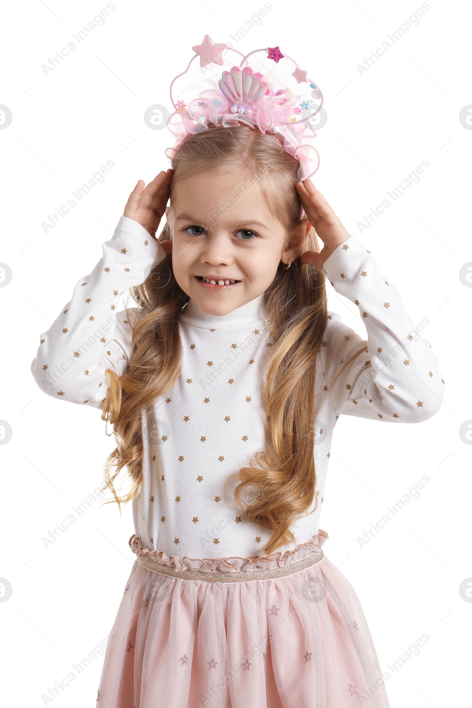 Photo of Cute little girl with beautiful headband on white background