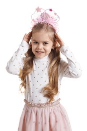 Cute little girl with beautiful headband on white background