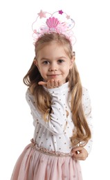 Photo of Cute little girl with beautiful headband on white background