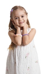 Cute little girl with beautiful hair clips on white background